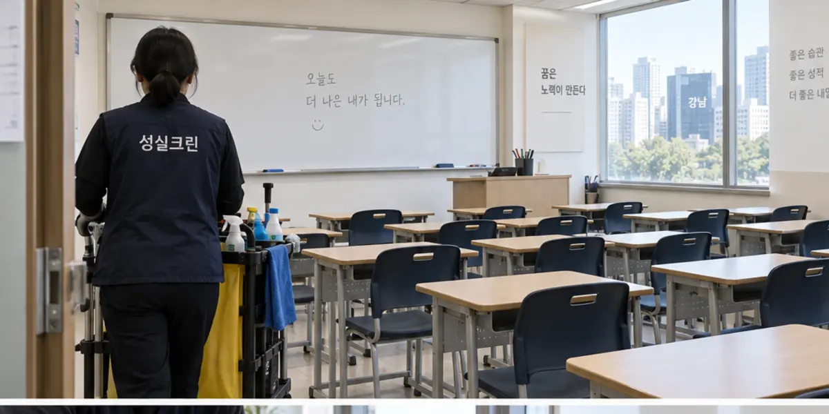 광주 학원청소 현장에서 곤색 성실크린 조끼를 입은 작업자가 청소하는 모습
