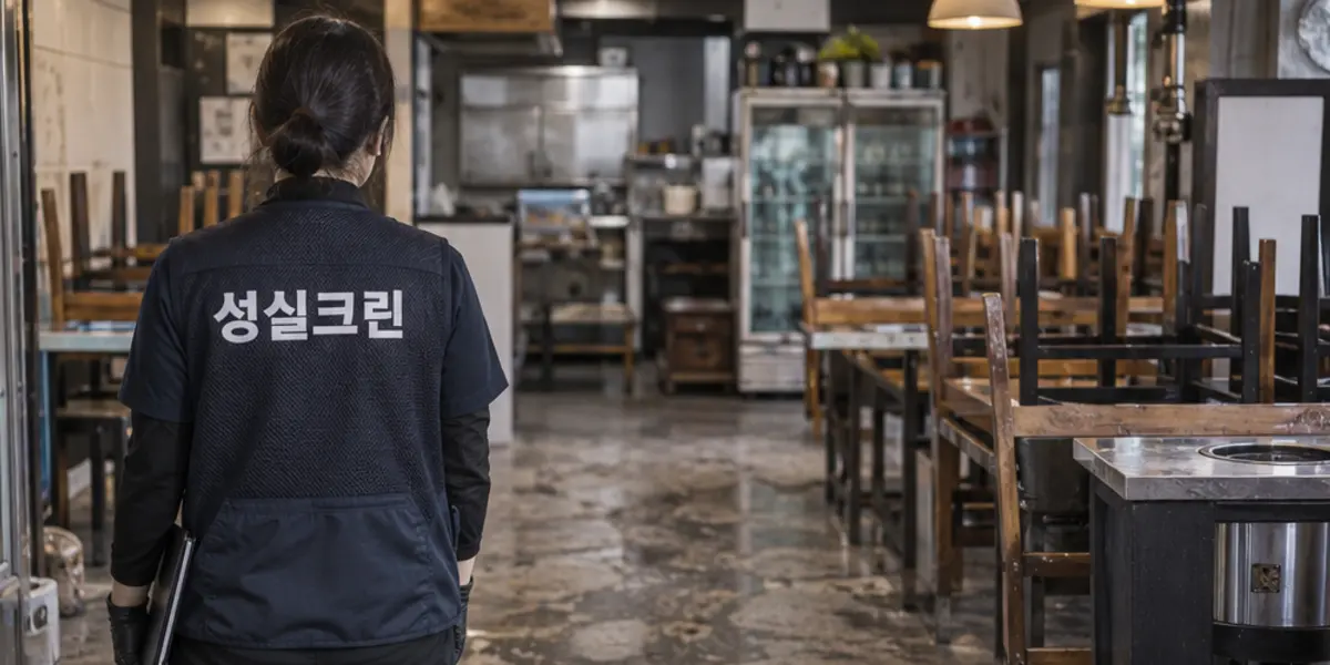 광주북구 일회성대청소 현장에서 곤색 성실크린 조끼를 입은 작업자가 청소하는 모습