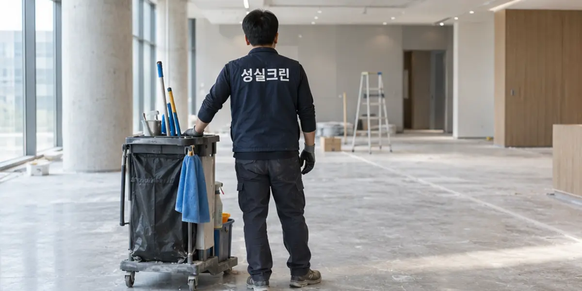 광주북구 준공청소 현장에서 곤색 성실크린 조끼를 입은 작업자가 청소하는 모습