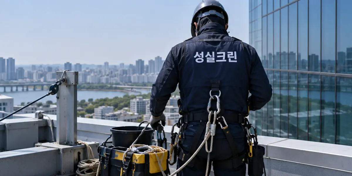 광주 건물외벽청소 현장에서 곤색 성실크린 조끼를 입은 작업자가 청소하는 모습
