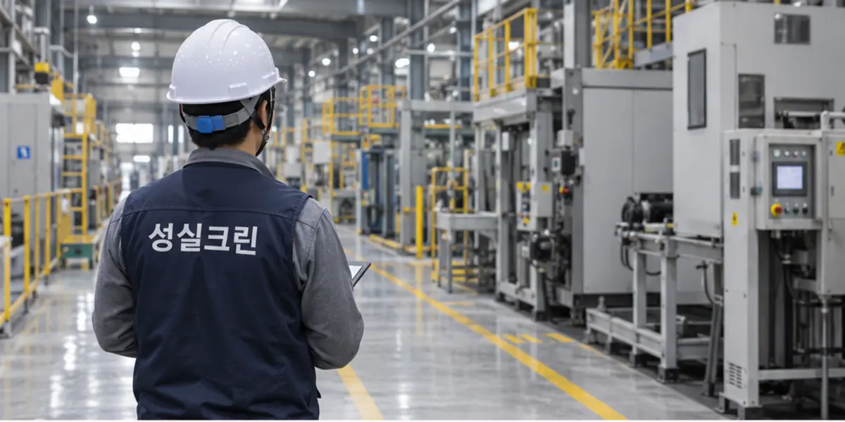 광주 공장청소 현장에서 곤색 성실크린 조끼를 입은 작업자가 청소하는 모습