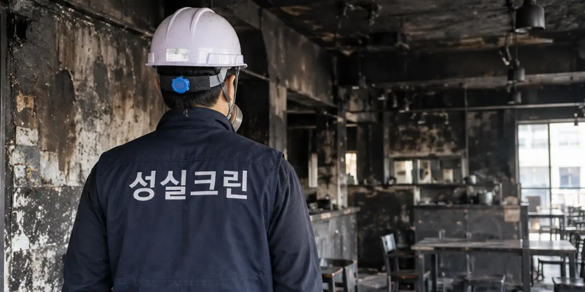광주북구 화재청소 현장에서 곤색 성실크린 조끼를 입은 작업자가 청소하는 모습