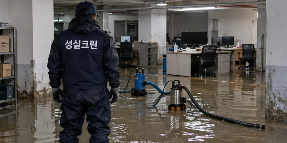광주 침수청소·역류청소 현장에서 곤색 성실크린 조끼를 입은 작업자가 청소하는 모습