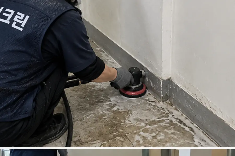 광주 바닥왁스코팅 박리·기초세정 작업 장면