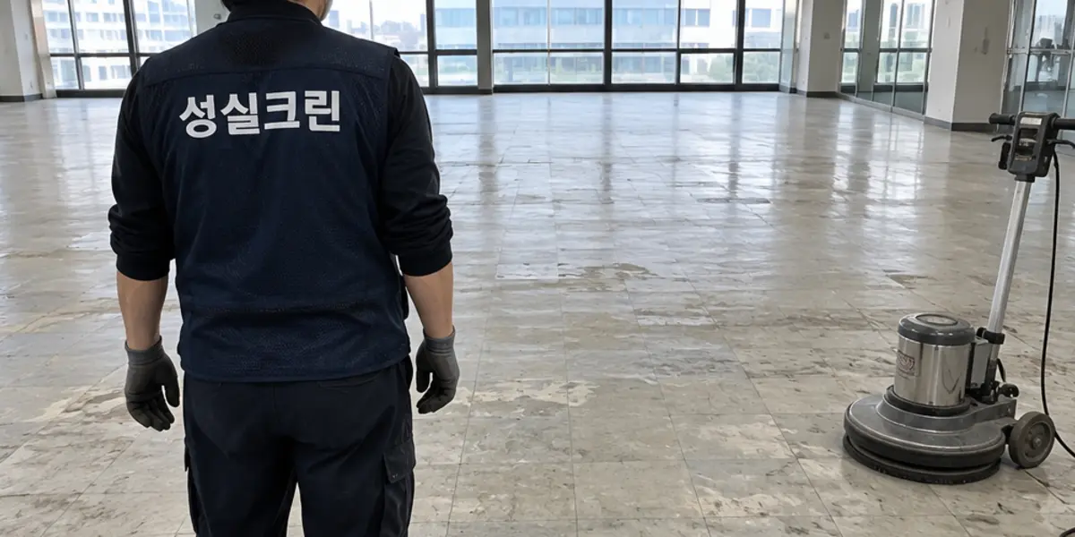광주북구 바닥청소 현장에서 곤색 성실크린 조끼를 입은 작업자가 청소하는 모습