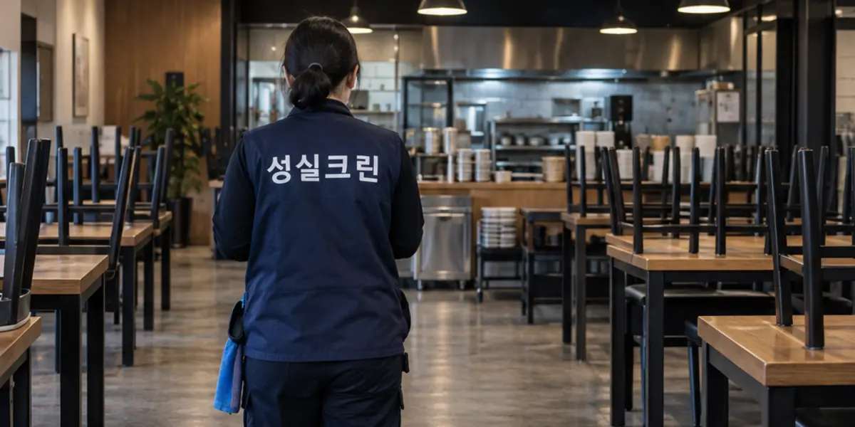 광주 카페청소 현장에서 곤색 성실크린 조끼를 입은 작업자가 청소하는 모습