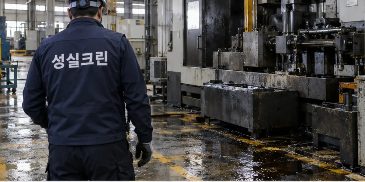 광주 기름때청소 현장에서 곤색 성실크린 조끼를 입은 작업자가 청소하는 모습