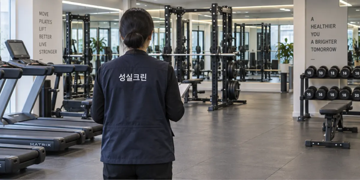 광주 헬스장·운동시설·필라테스·휘트니스 청소 현장에서 곤색 성실크린 조끼를 입은 작업자가 청소하는 모습