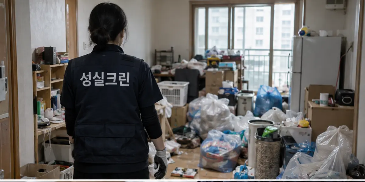 유품정리 쓰레기집청소·유품정리·고독사정리 현장에서 곤색 성실크린 조끼를 입은 작업자가 청소하는 모습
