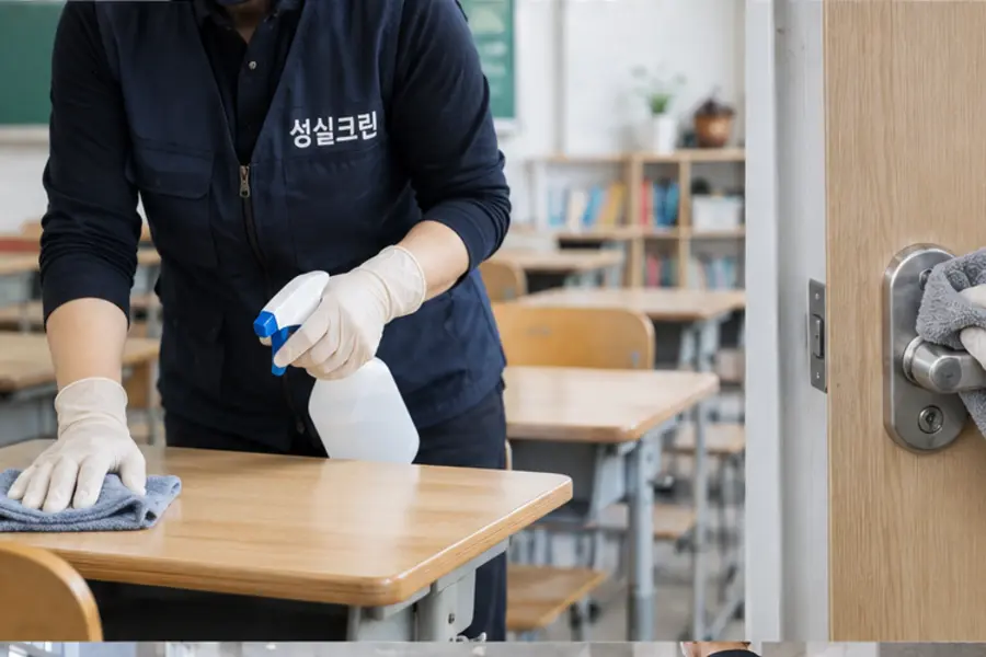 광주 관공서·학교 청소 복도·로비 바닥 작업 장면