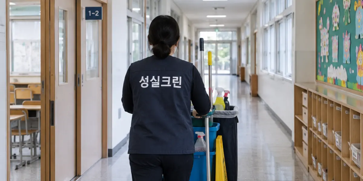 광주 관공서·학교 청소 현장에서 곤색 성실크린 조끼를 입은 작업자가 청소하는 모습