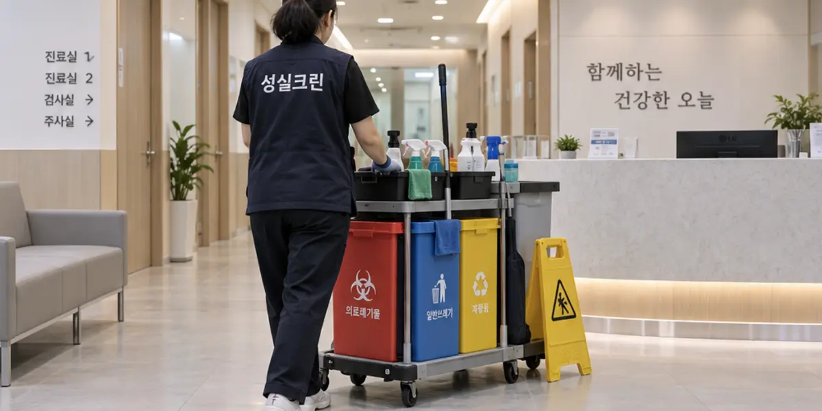광주 병원·동물병원·한의원 청소 현장에서 곤색 성실크린 조끼를 입은 작업자가 청소하는 모습