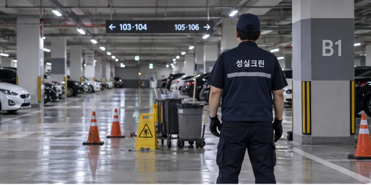 광주 주차장청소 현장에서 곤색 성실크린 조끼를 입은 작업자가 청소하는 모습