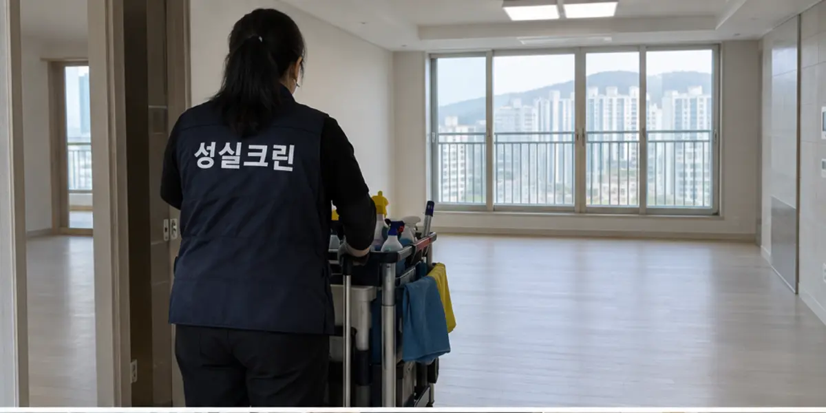 광주 아파트청소 현장에서 곤색 성실크린 조끼를 입은 작업자가 청소하는 모습