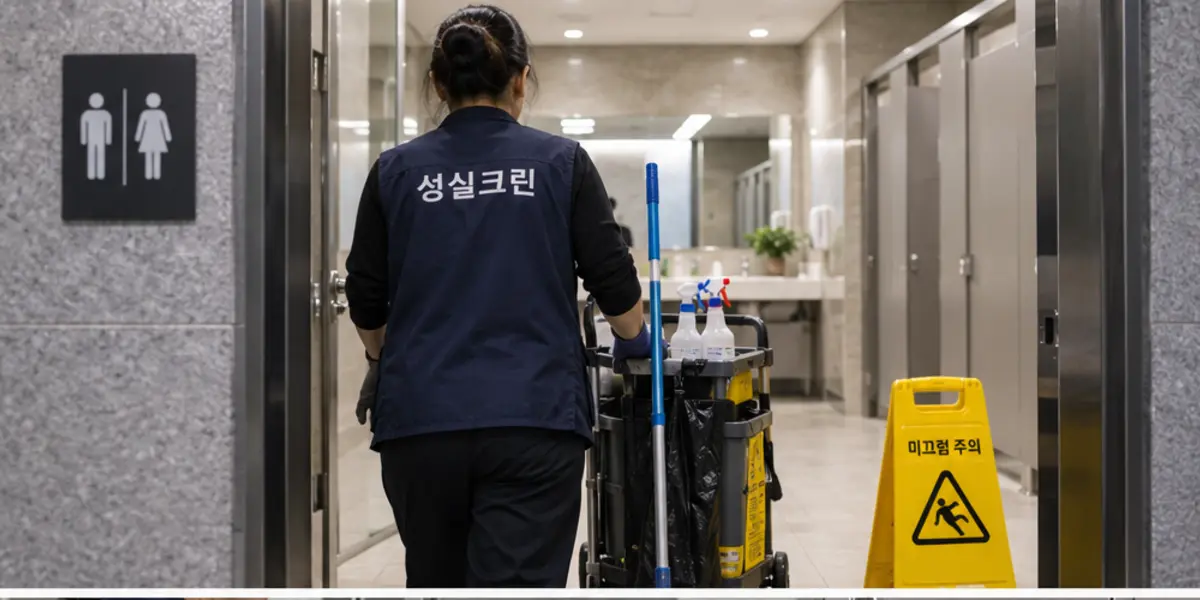 광주 화장실청소 현장에서 곤색 성실크린 조끼를 입은 작업자가 청소하는 모습