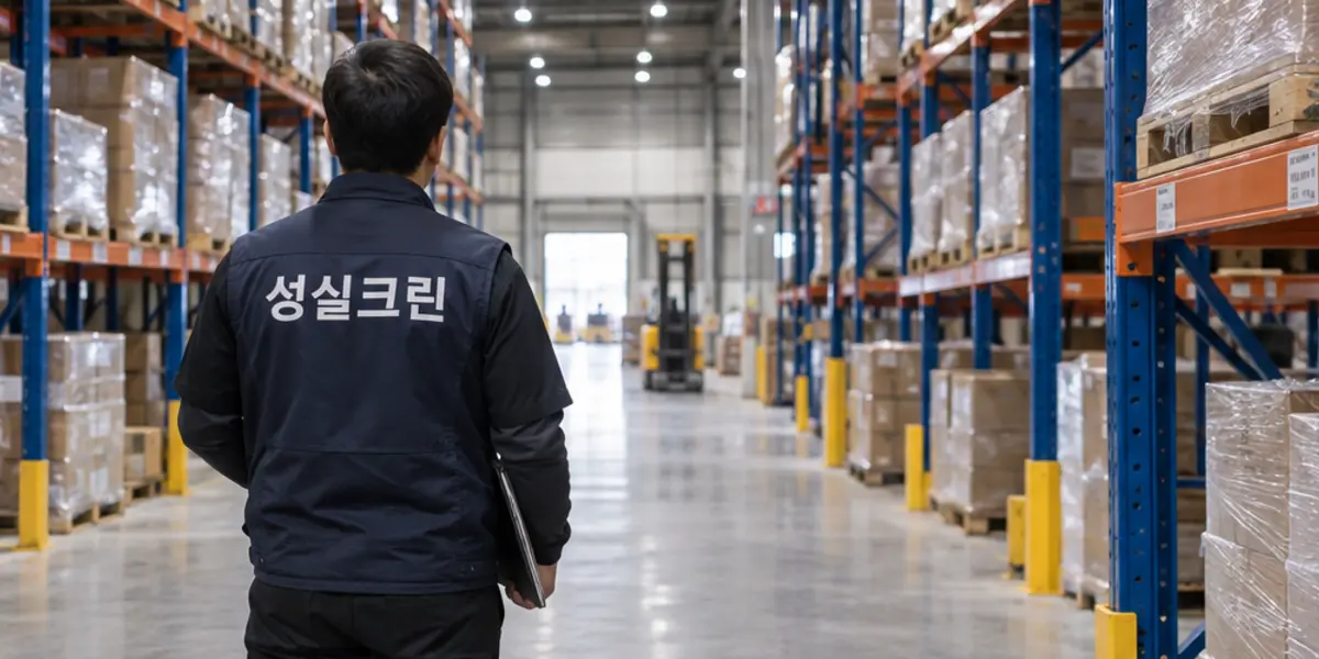 광주 물류창고청소 현장에서 곤색 성실크린 조끼를 입은 작업자가 청소하는 모습